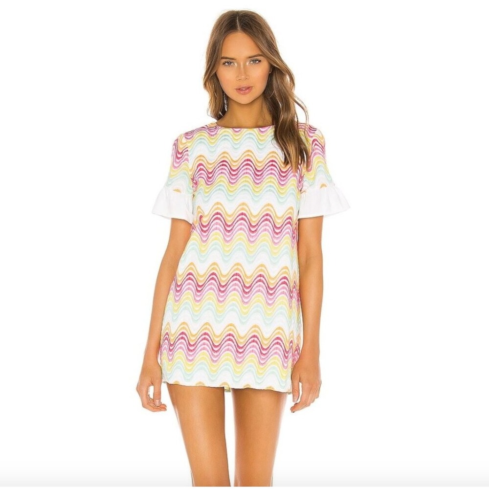 Tularosa‎ Lexi Mini Shift Dress in Pastel Rainbow Embroidered Size Large